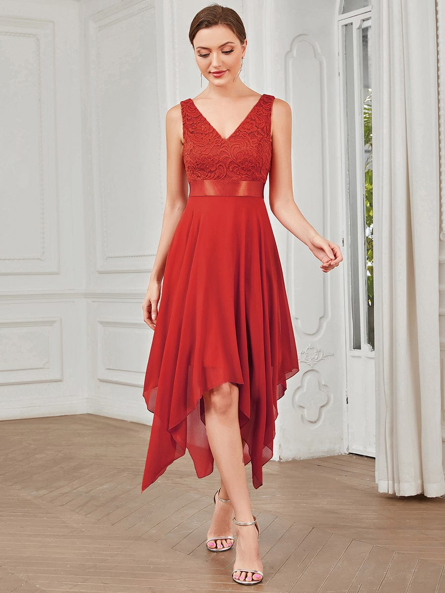 Stunning V Neck Lace Dress with Asymmetrical Hems