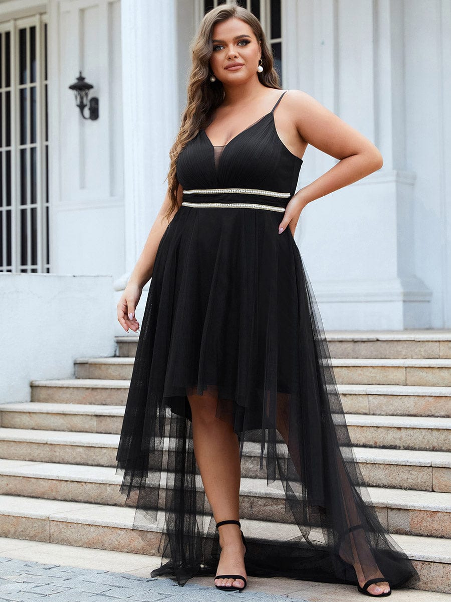 Plus Size V Neck High-low Hem Pleated Tulle Prom Dress