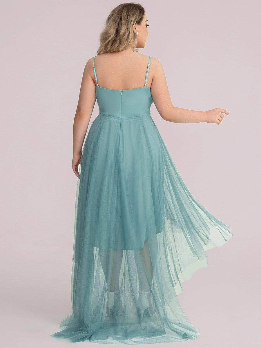 Plus Size V Neck High-low Hem Pleated Tulle Prom Dress