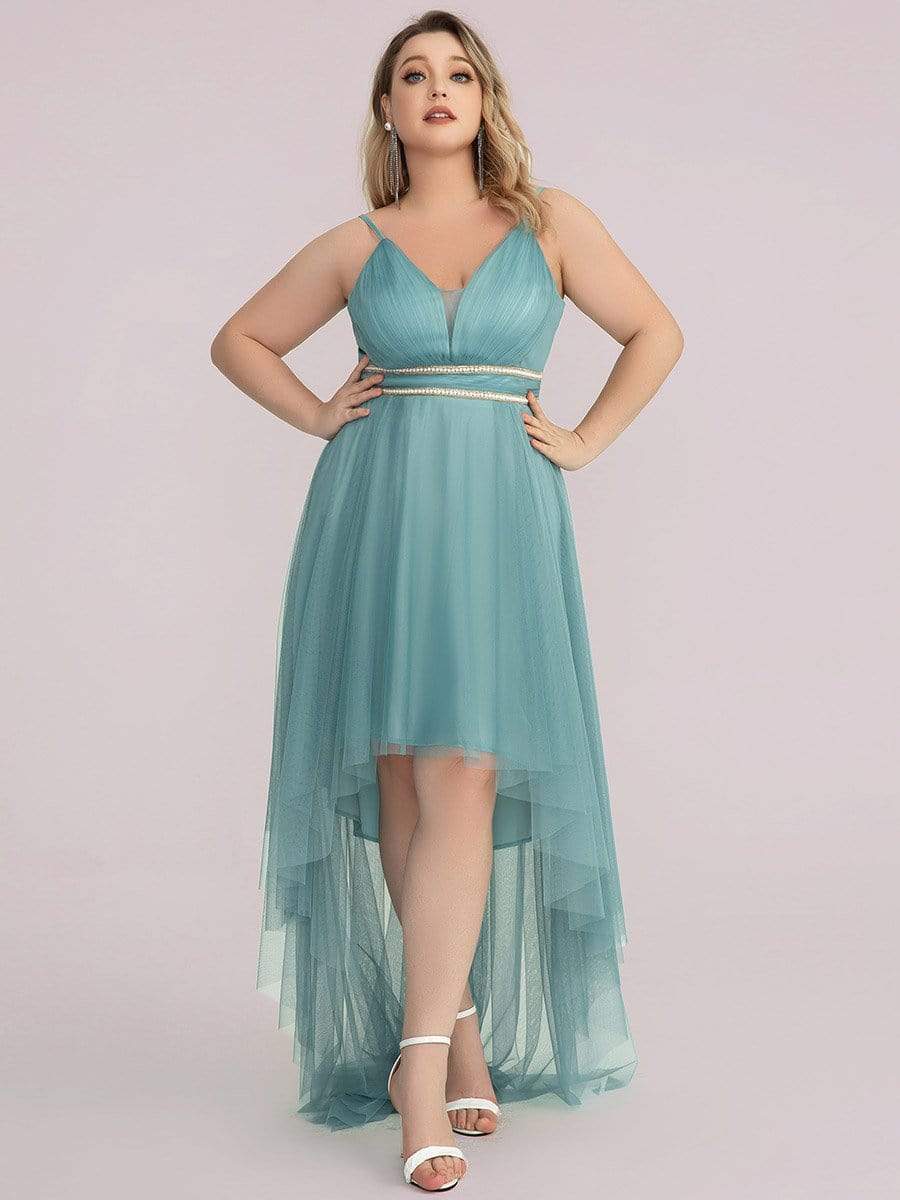 Plus Size V Neck High-low Hem Pleated Tulle Prom Dress