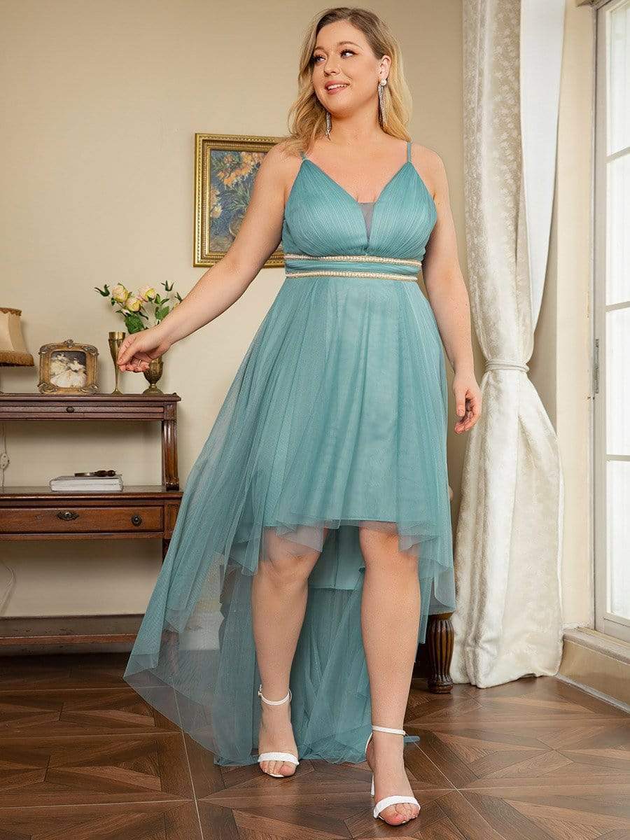 Plus Size V Neck High-low Hem Pleated Tulle Prom Dress