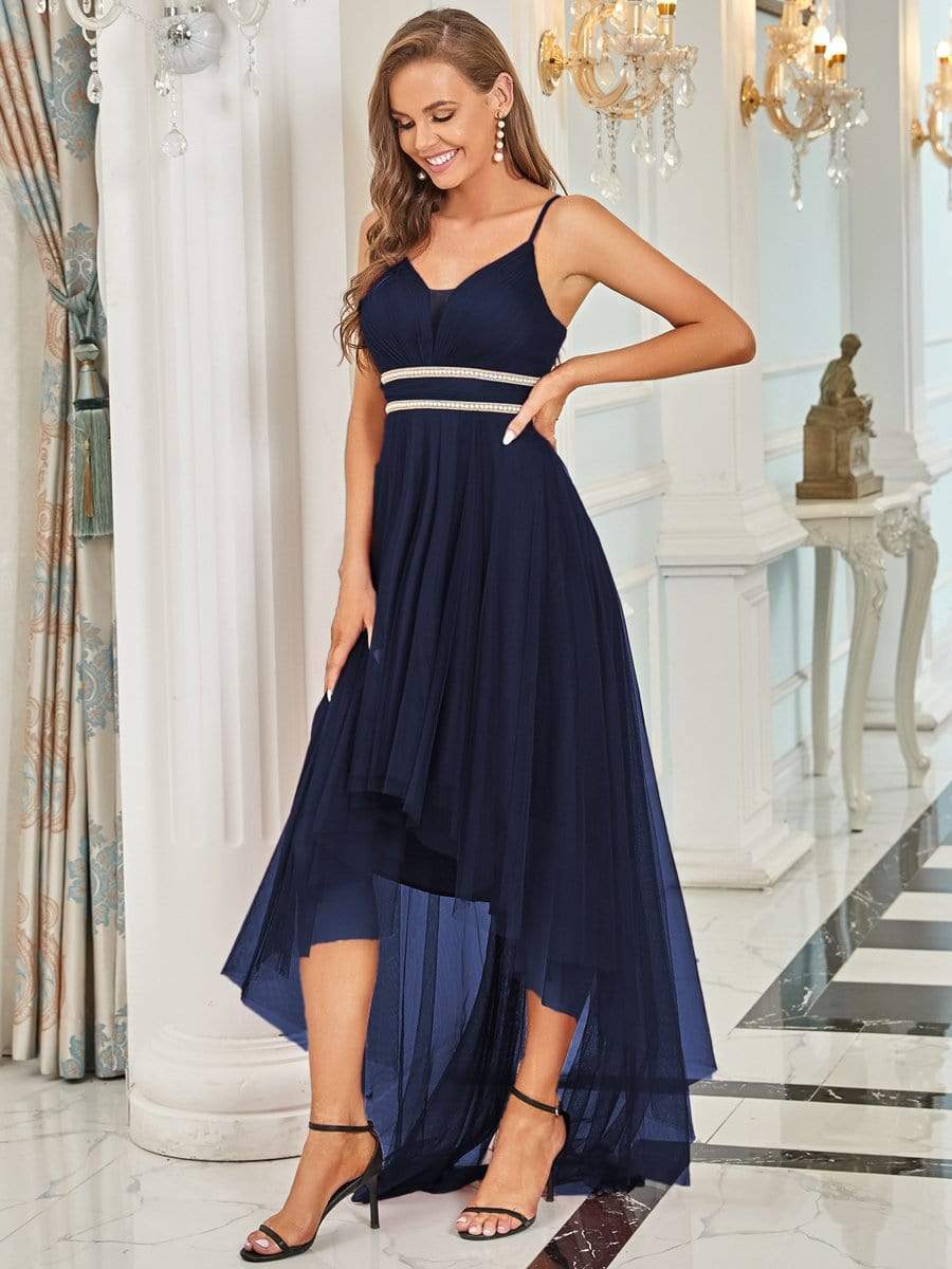 V Neck High-low Hem Pleated Tulle Prom Dress