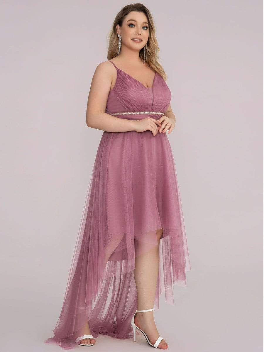 Plus Size V Neck High-low Hem Pleated Tulle Prom Dress