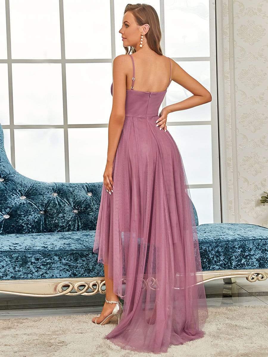 V Neck High-low Hem Pleated Tulle Prom Dress