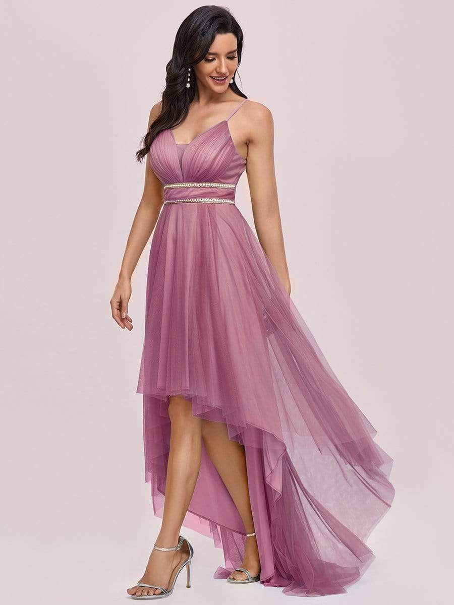 V Neck High-low Hem Pleated Tulle Prom Dress