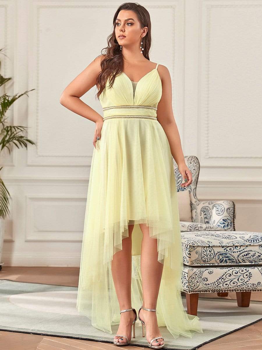 Plus Size V Neck High-low Hem Pleated Tulle Prom Dress