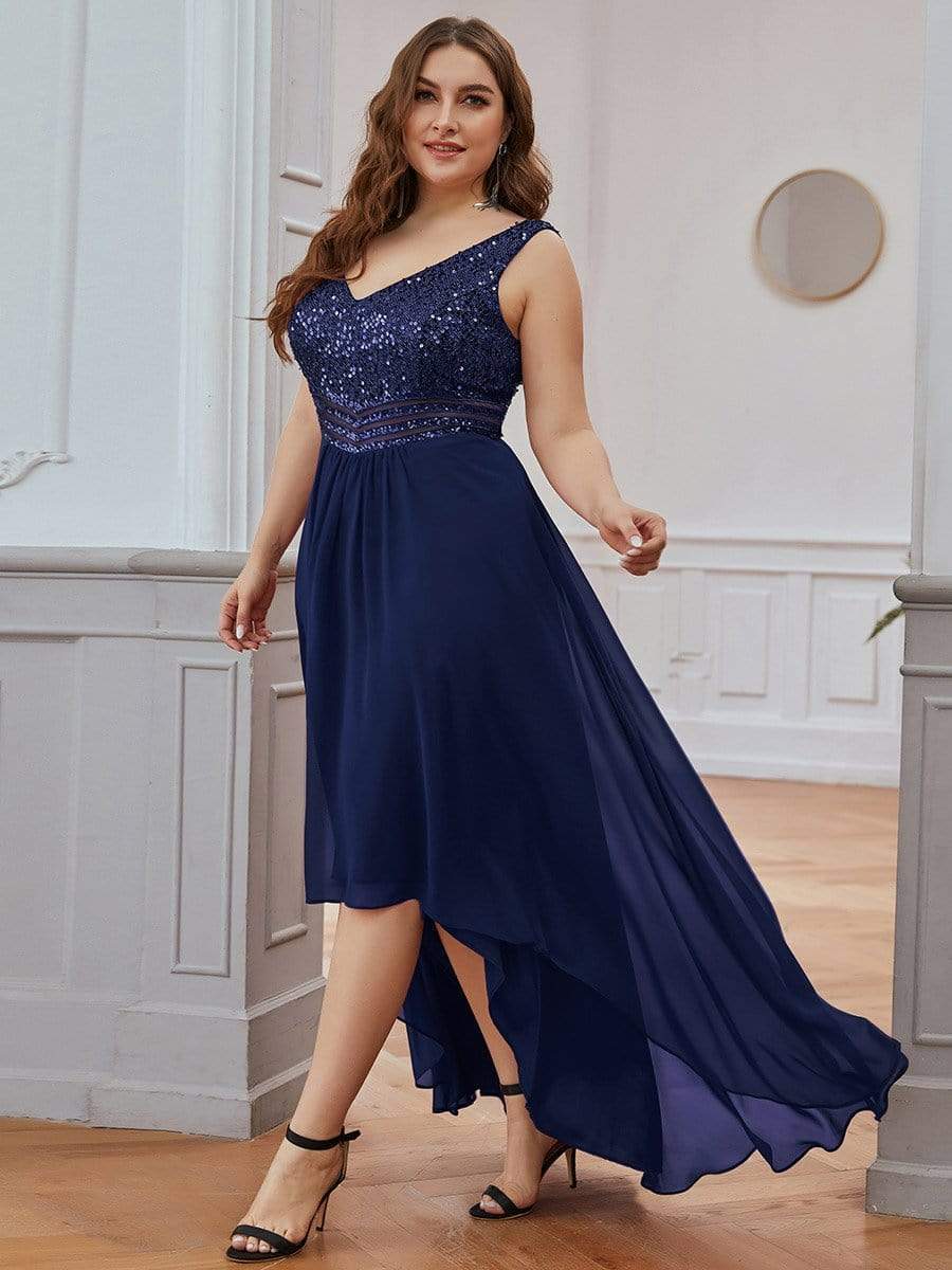 Elegant Paillette & Chiffon V-neck A-line Sleeveless Plus Size Formal Evening Dresses