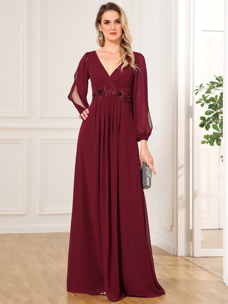 Elegant Chiffon V-Neckline Long Sleeve Formal Evening Dress