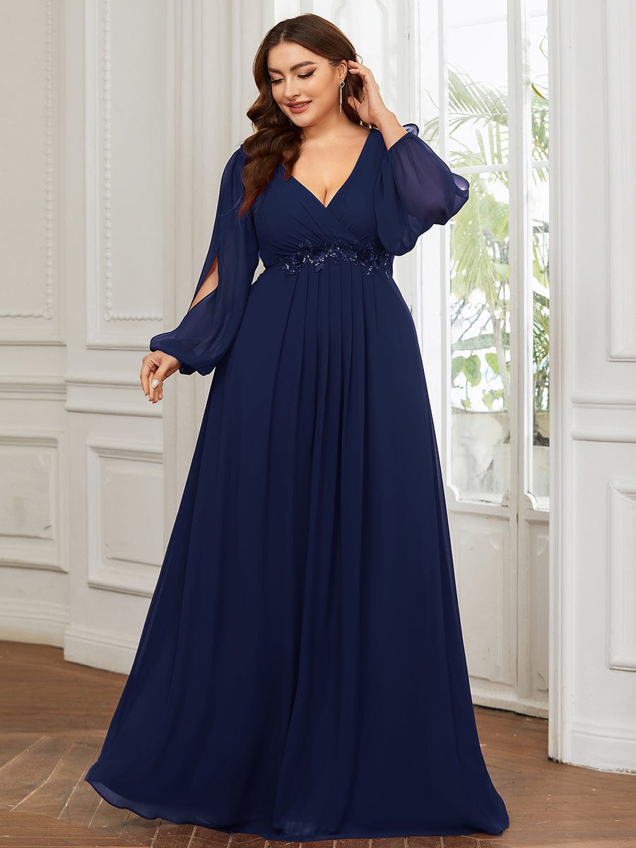 Stylish Plus Size Chiffon Formal Evening Dresses with Long Lantern Sleeves, Ever-Pretty US