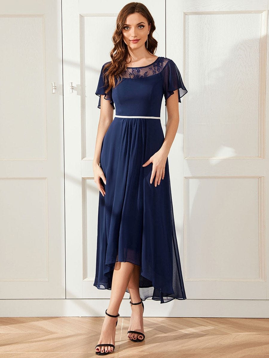 Chiffon Ruffle Sleeves Asymmetrical Hem Mother of the Bride Dress