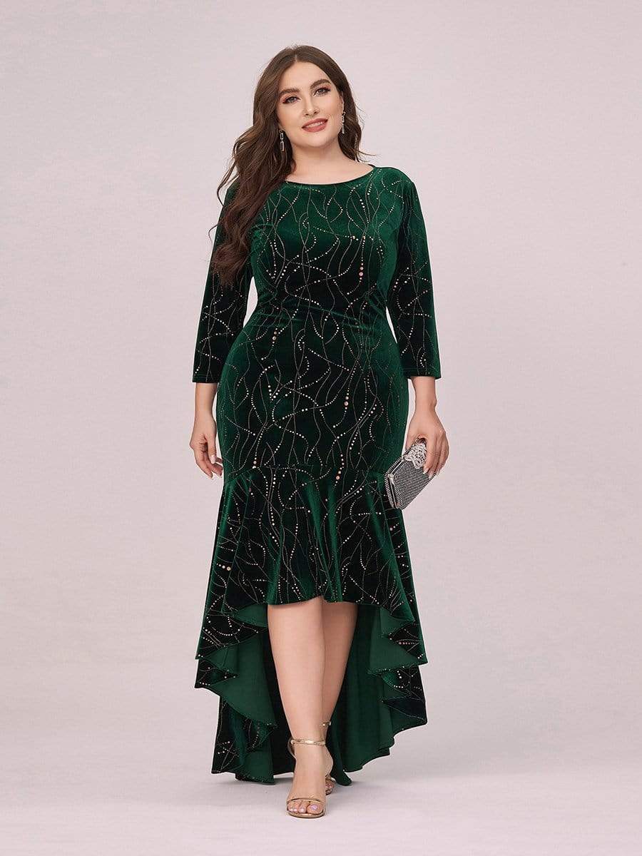 Elegant Plus Size Bodycon High-Low Formal Velvet Party Dress