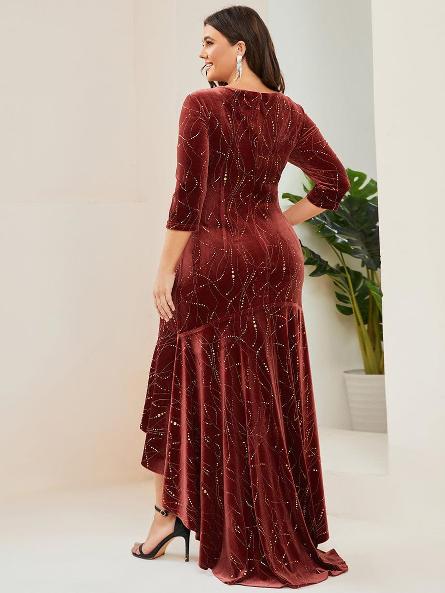 Elegant Plus Size Bodycon High-Low Formal Velvet Party Dress #color_Brick Red