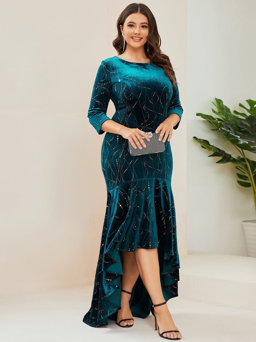 Elegant Plus Size Bodycon High-Low Formal Velvet Party Dress