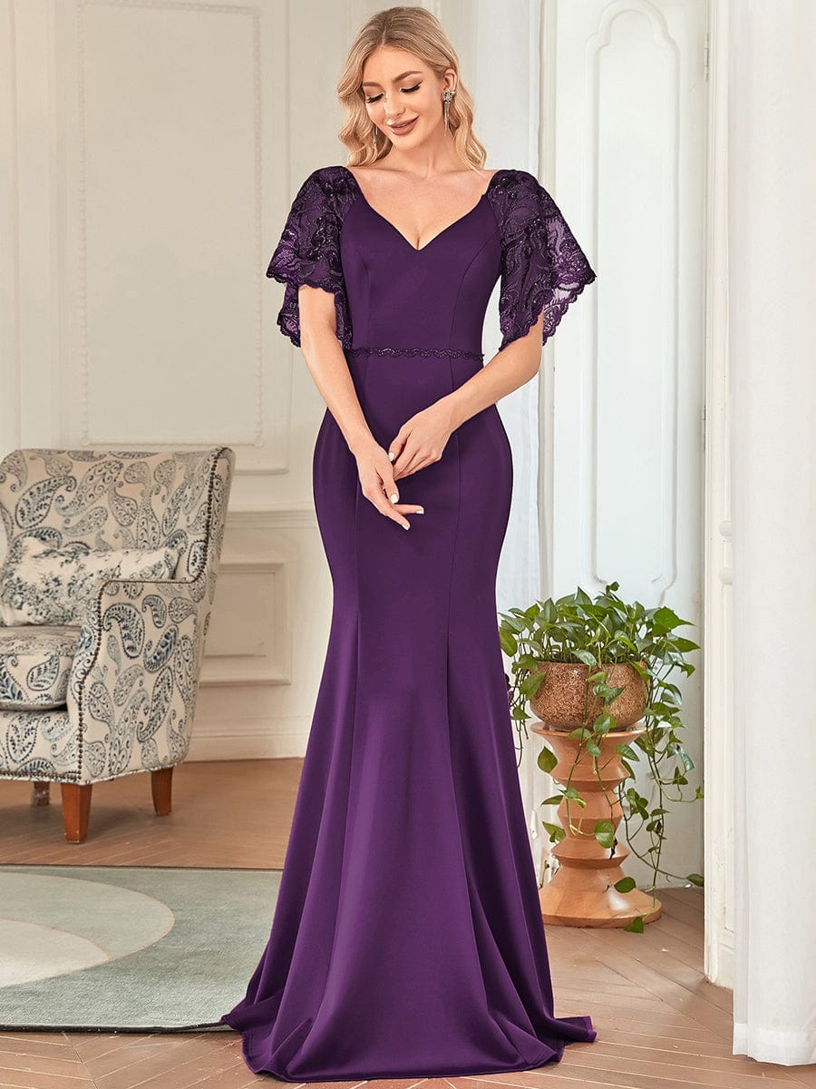 Sexy V Neck Maxi Bodycon Evening Dress with Flare Sleeves