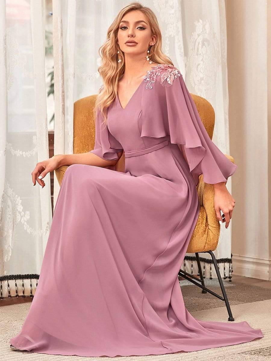 Elegant V Neck Flowy Chiffon Bridesmaid Dresses with Wraps