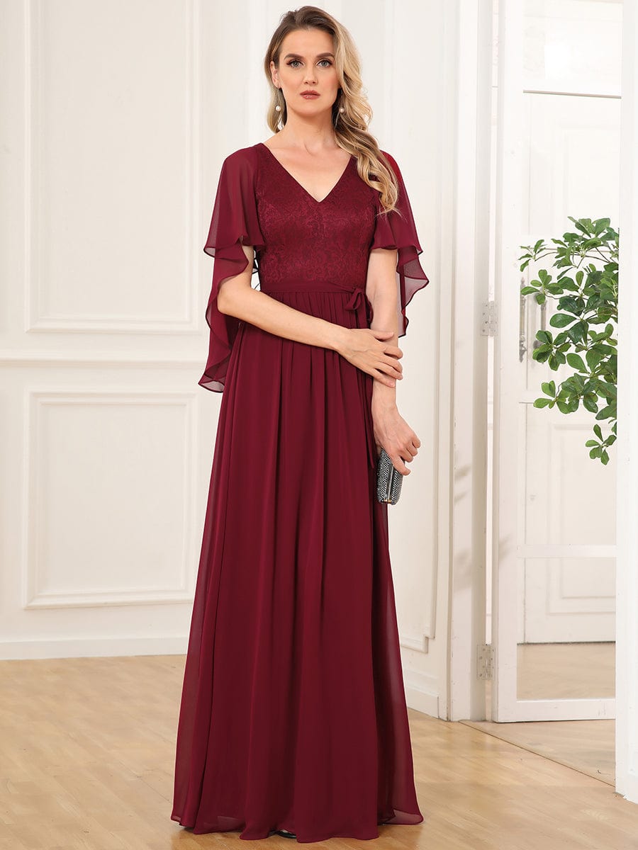 Deep V Neck Lace Bodice Long Flowy Evening Dress