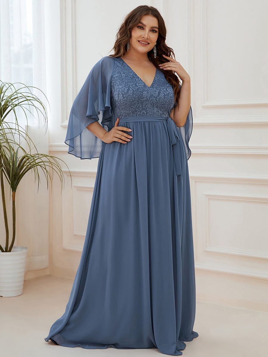 Plus Size Deep V Neck Lace Bodice Long Flowy Evening Dress