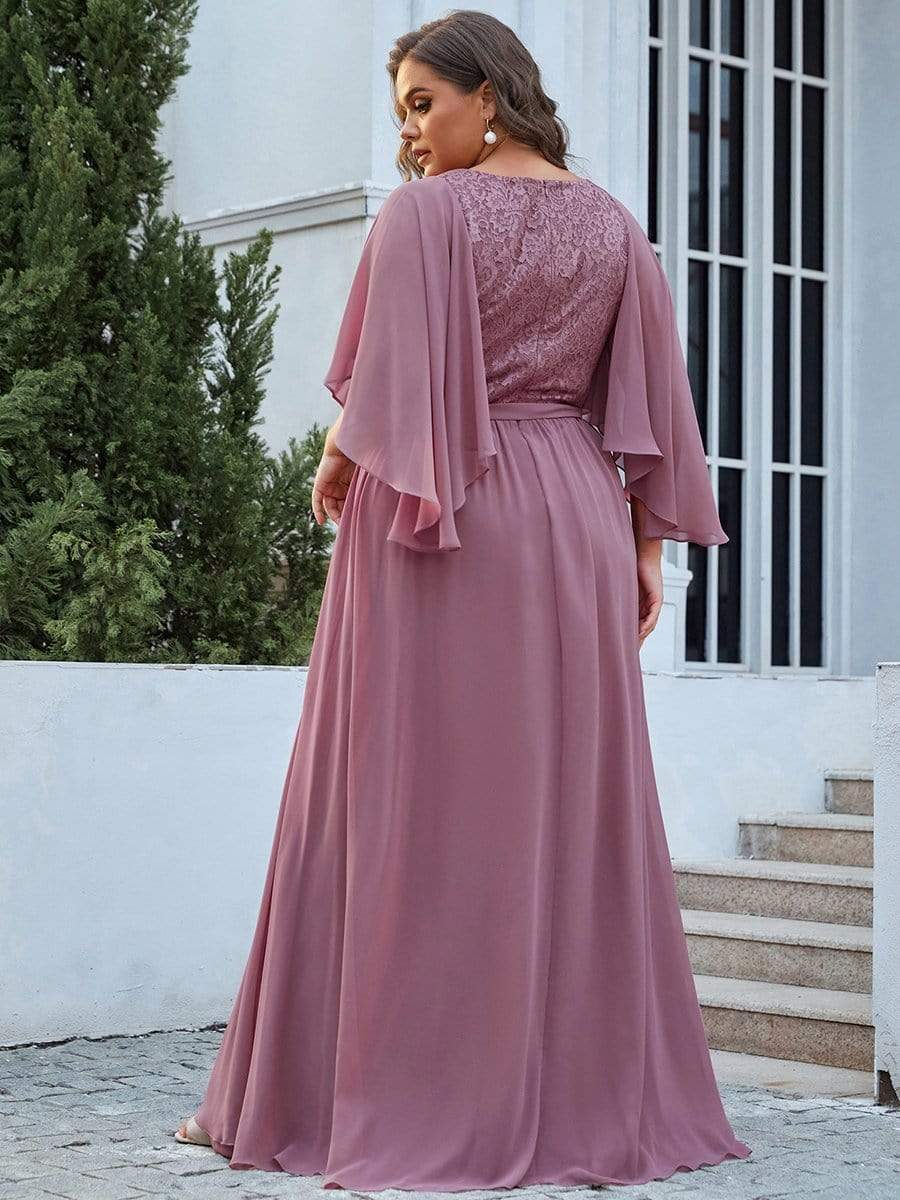 Plus Size Deep V Neck Lace Bodice Long Flowy Evening Dress