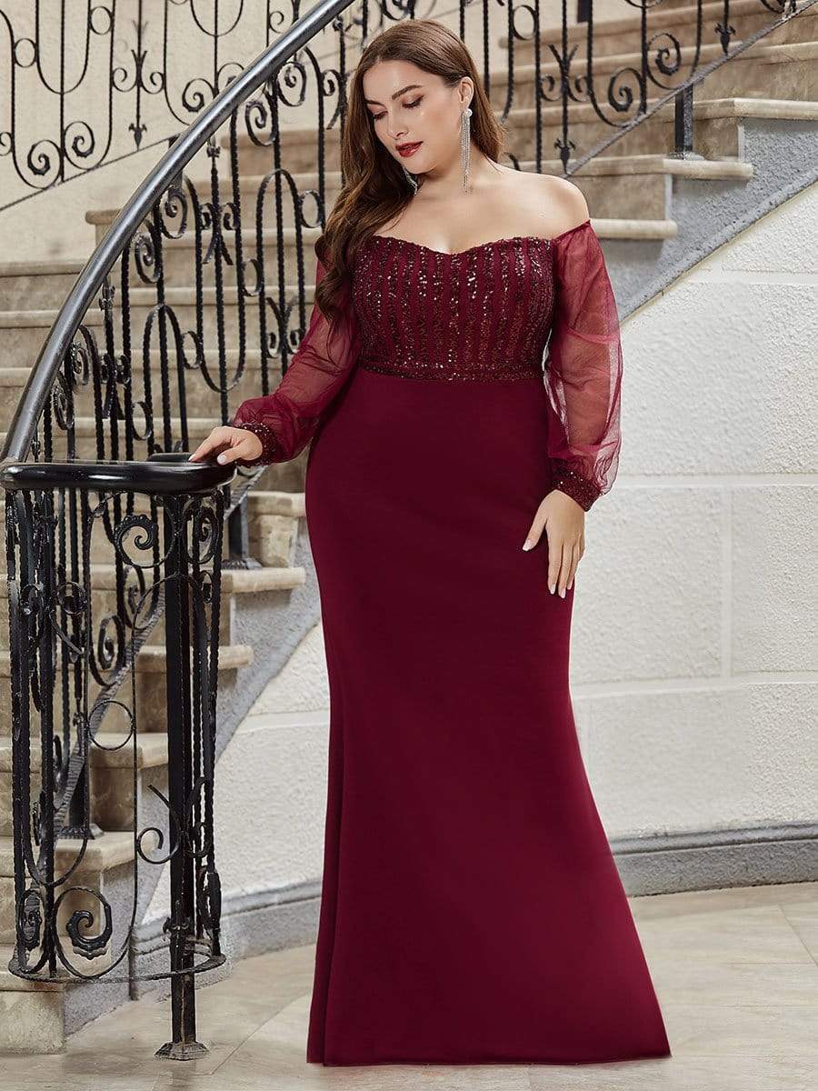 Plus Size Off-Shoulder Long Sleeve Sequin Formal Dresses