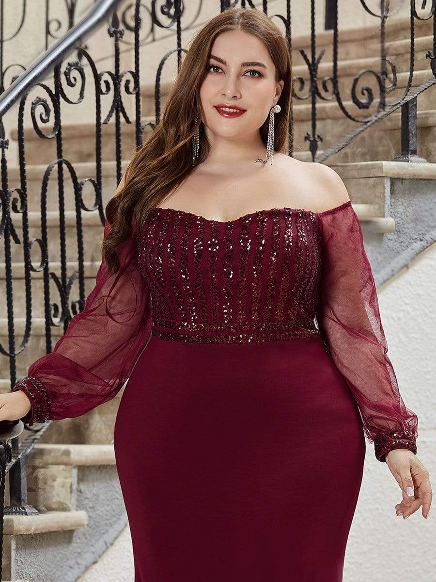 Plus Size Off-Shoulder Long Sleeve Sequin Formal Dresses