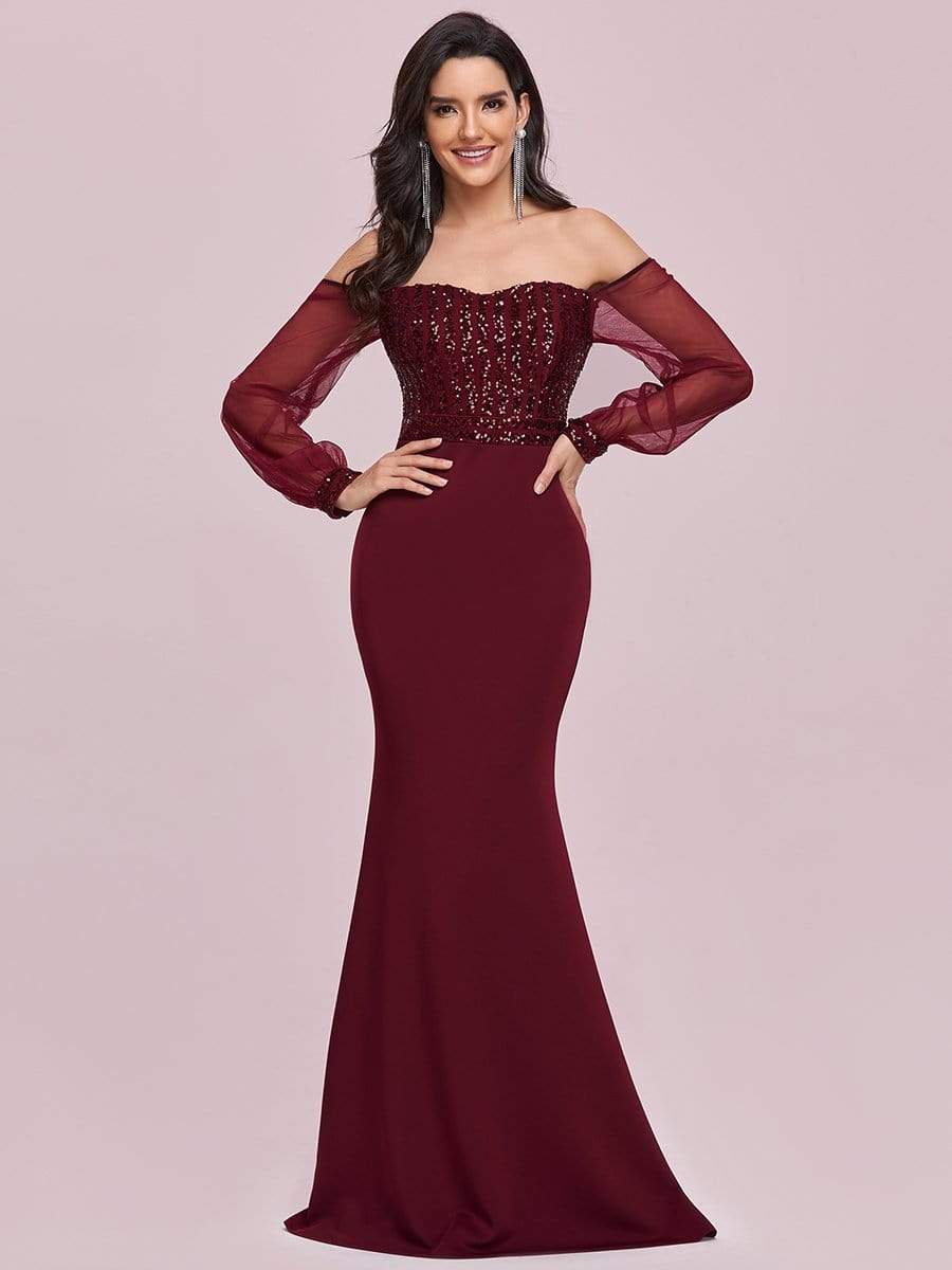 Fashion Off the Shoulder Sequin Evening Gowns With Tulle Sleeve