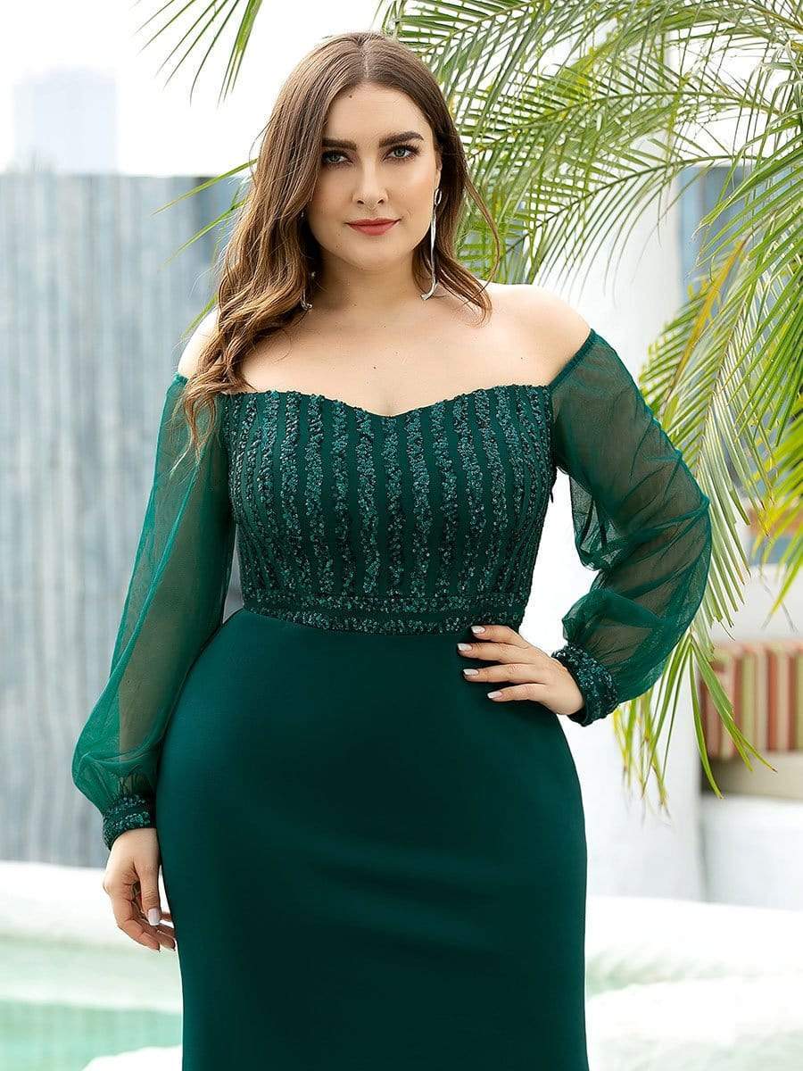 Plus Size Long Tulle Sleeve Formal Evening Dresses #color_Dark Green 