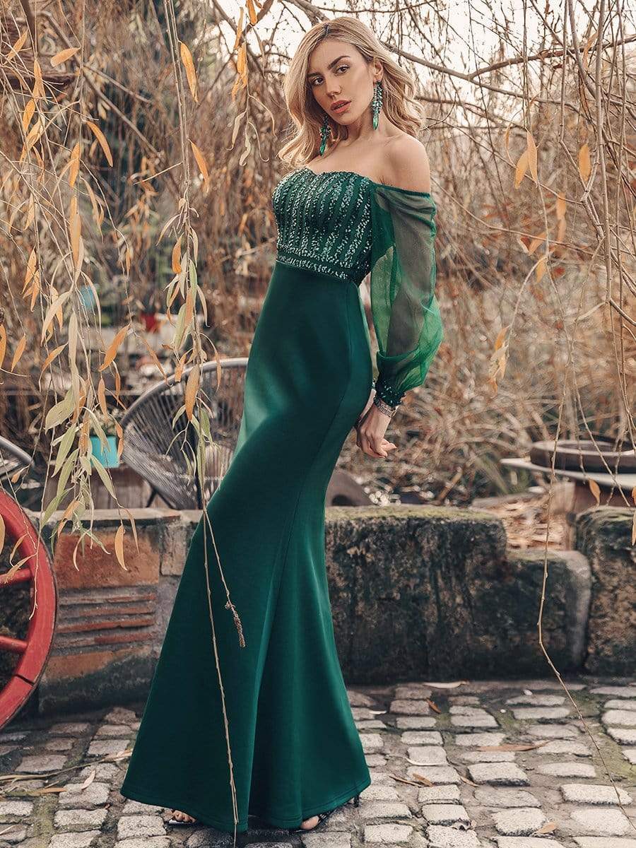 Fashion Off the Shoulder Sequin Evening Gowns With Tulle Sleeve