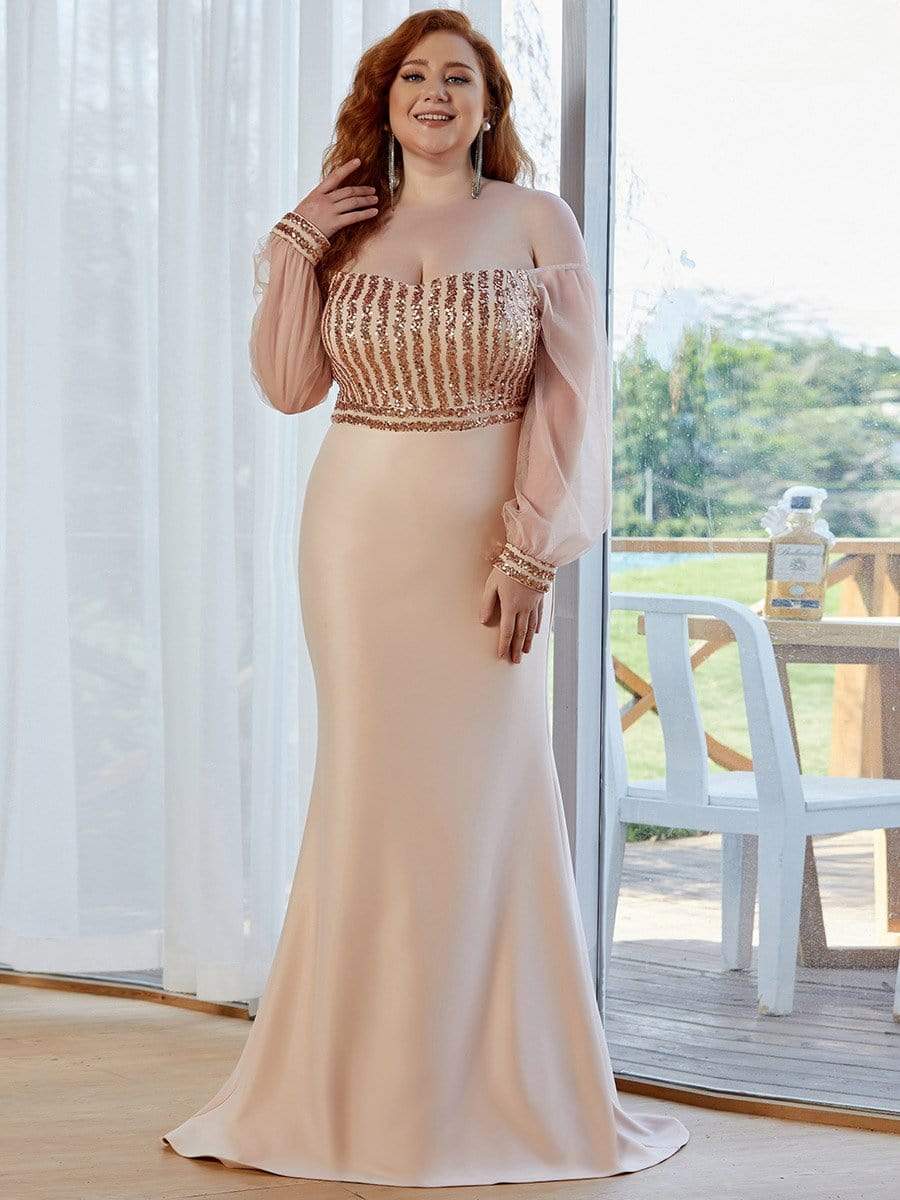 Fashion Off the Shoulder Sequin Evening Gowns With Tulle Sleeve