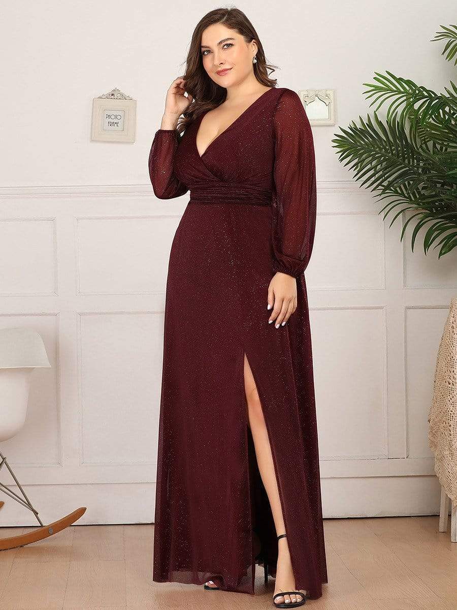 Women's Sexy Long Sleeve V-Neck Shiny Evening Dress