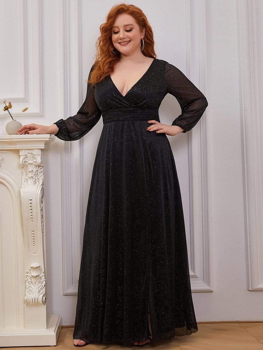 Custom Size Long Sleeve Side Split V-Neck Glittery Evening Dress