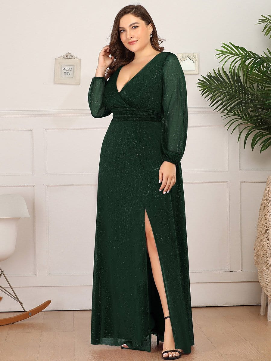 Women's Sexy Long Sleeve V-Neck Shiny Evening Dress