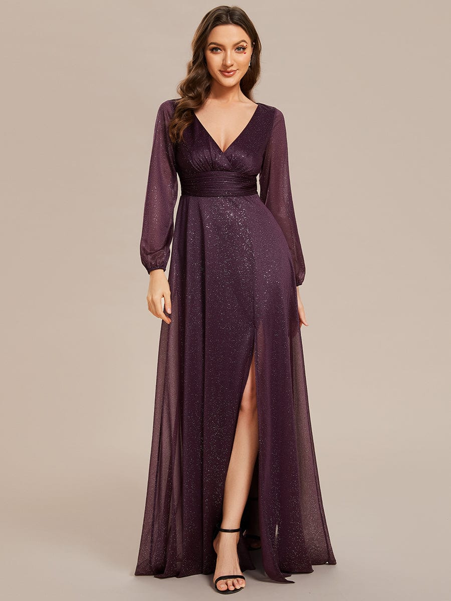 Women's Sexy Long Sleeve V-Neck Shiny Evening Dress