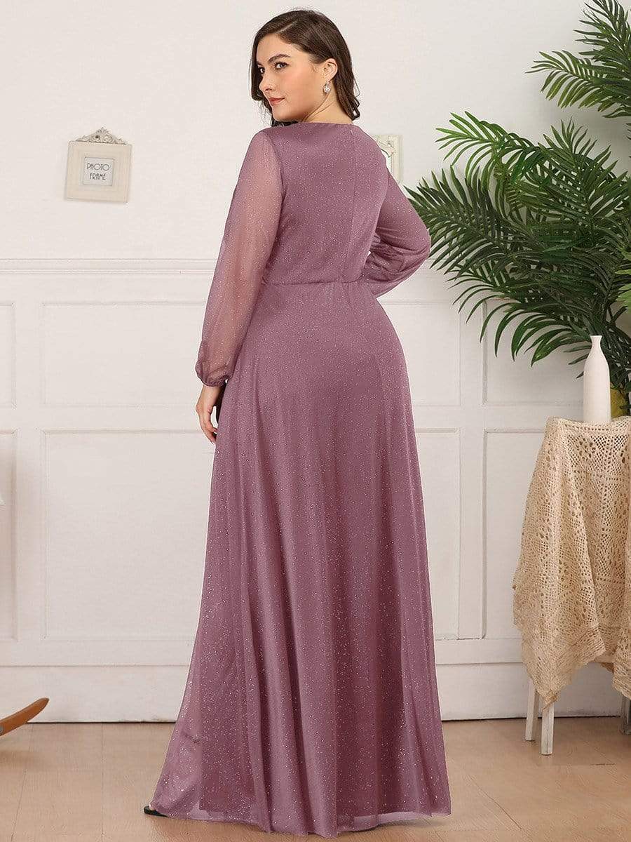 Custom Size Long Sleeve Side Split V-Neck Glittery Evening Dress