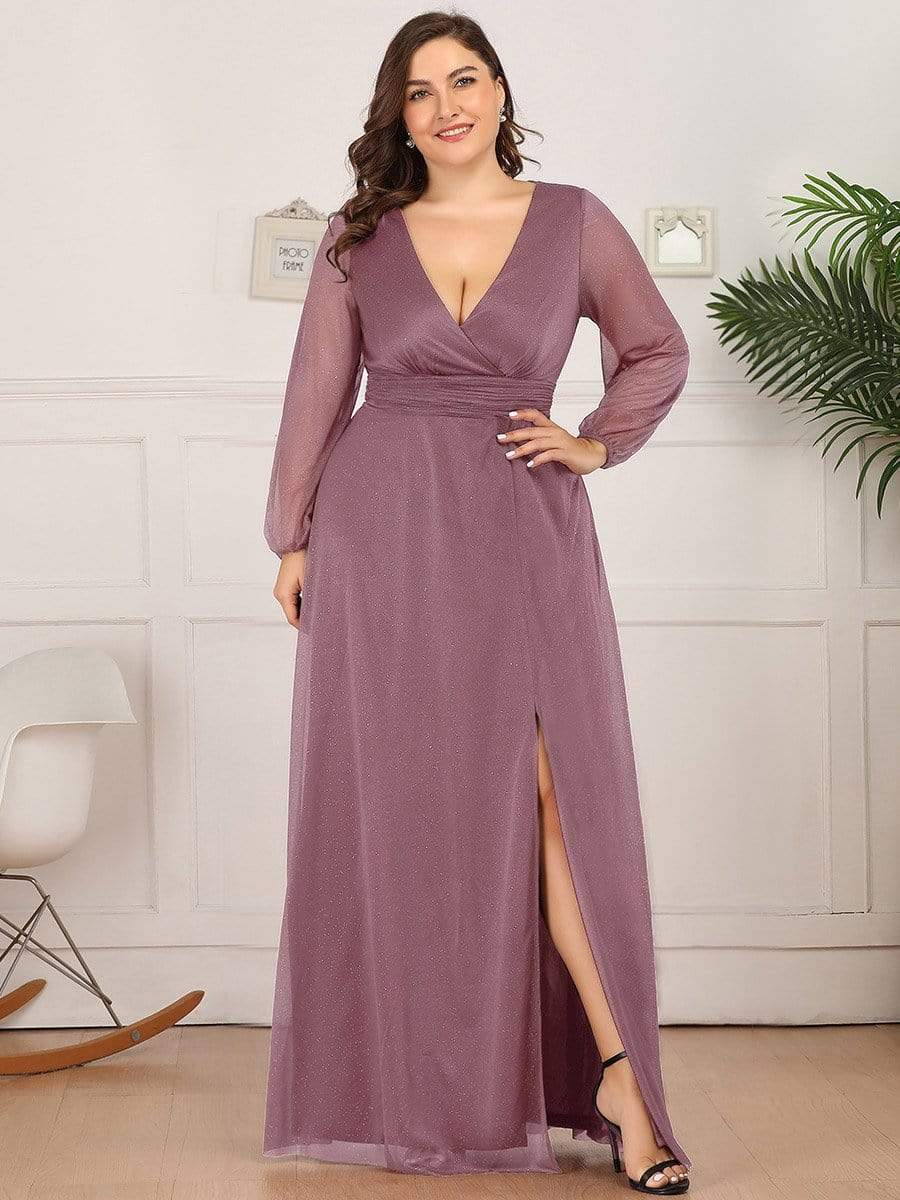 Plus Size V-Neck Shiny Puff Sleeve Evening Dress for Women