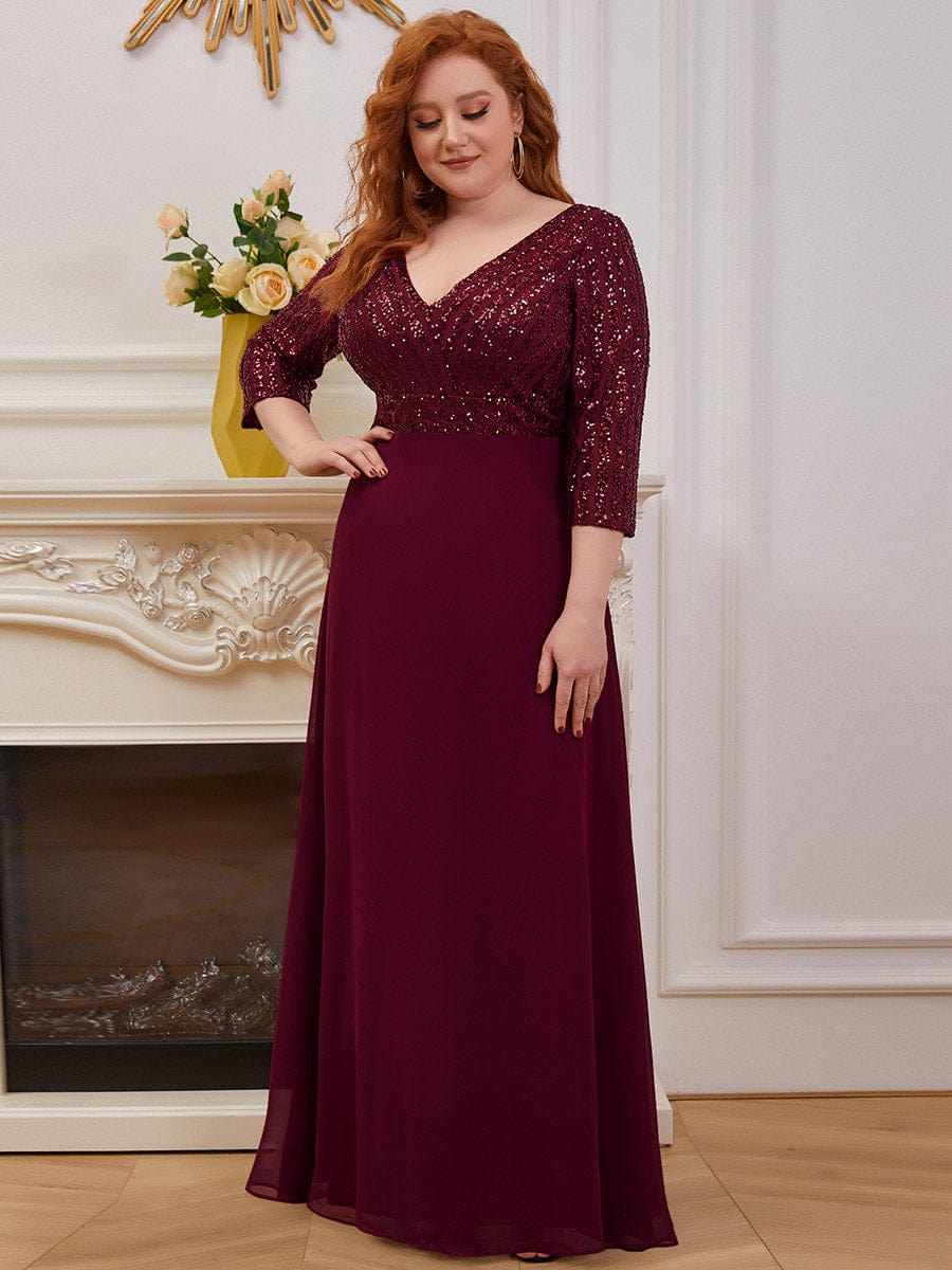 Custom Size V Neck A-Line Sequin Formal Evening Dress with Sleeve