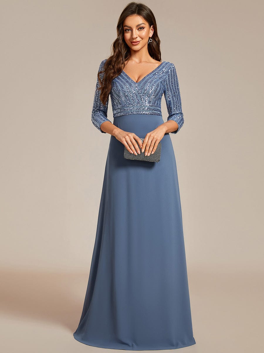 Sexy V Neck Sequin Evening Dresses with 3/4 Sleeve