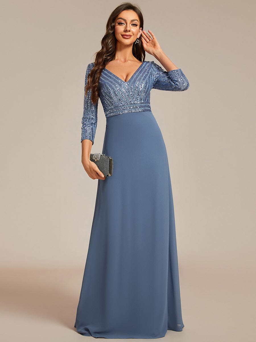 Sexy V Neck Sequin Evening Dresses with 3/4 Sleeve