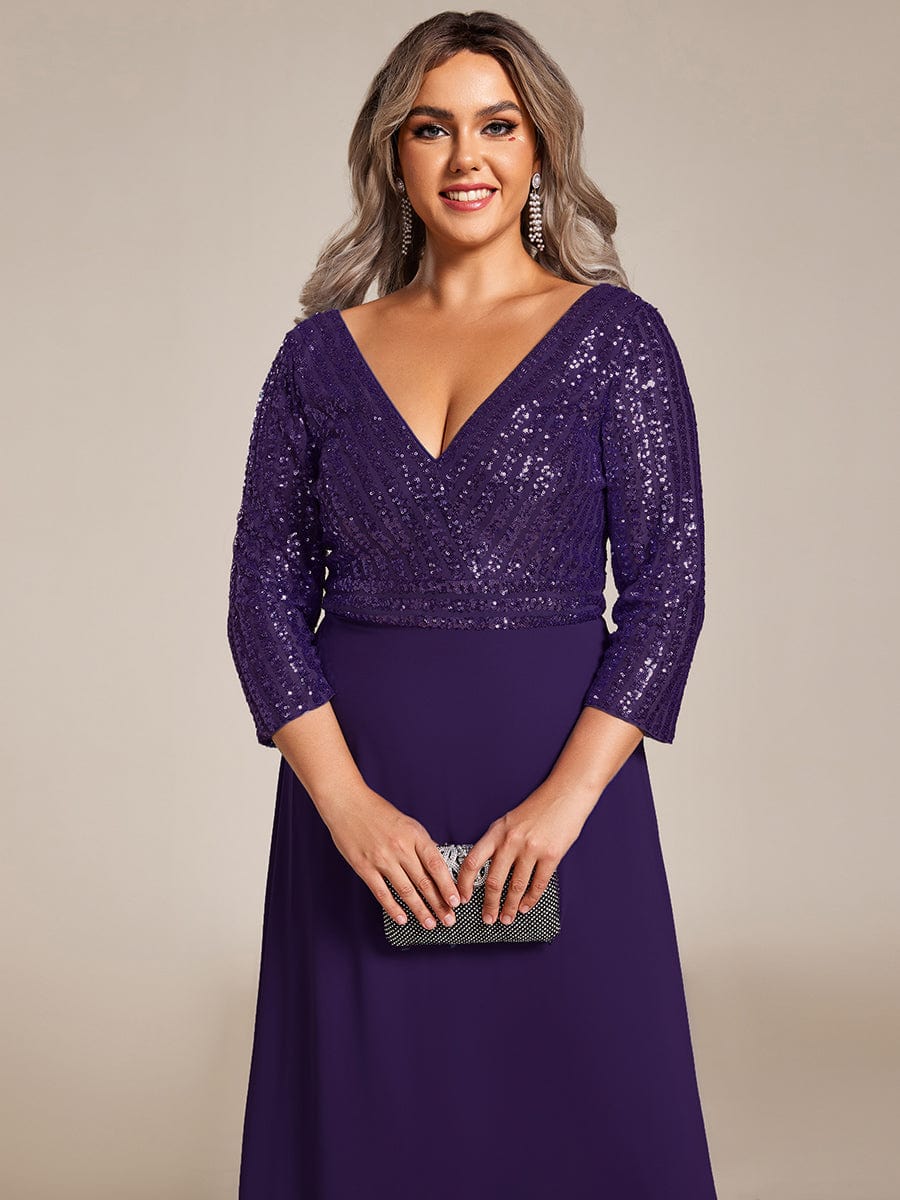 Sexy V Neck Sequin Evening Dresses with 3/4 Sleeve