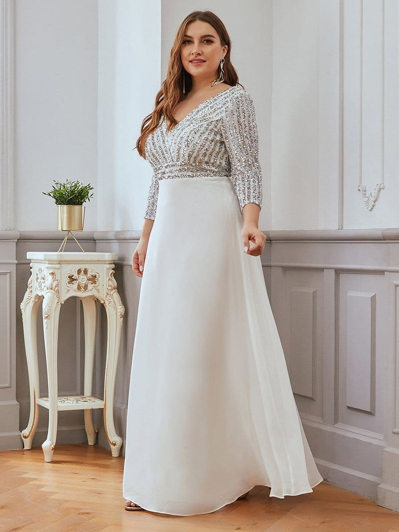 Plus Size Sequin Bodice Flowy White Wedding Dress with Sleeves - Ever ...