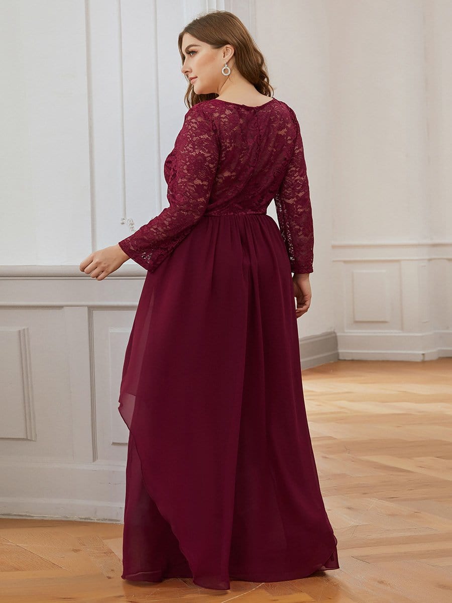 Color=Burgundy | Plus Size Classic Floal Lace Long Sleeve Bridesmaid Dress-Burgundy 2