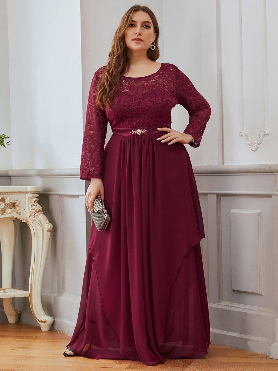 Color=Burgundy | Plus Size Classic Floal Lace Long Sleeve Bridesmaid Dress-Burgundy 1