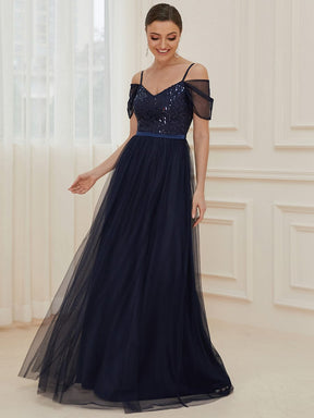 Color=Navy Blue | A-Line Sweetheart Neckline Ruffle Sleeve Tulle Bridesmaid Dress With Sequin-Navy Blue 4