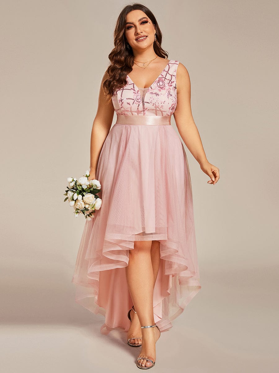 Plus Size Sequin High-Low Deep V Neck Tulle Evening Dresses