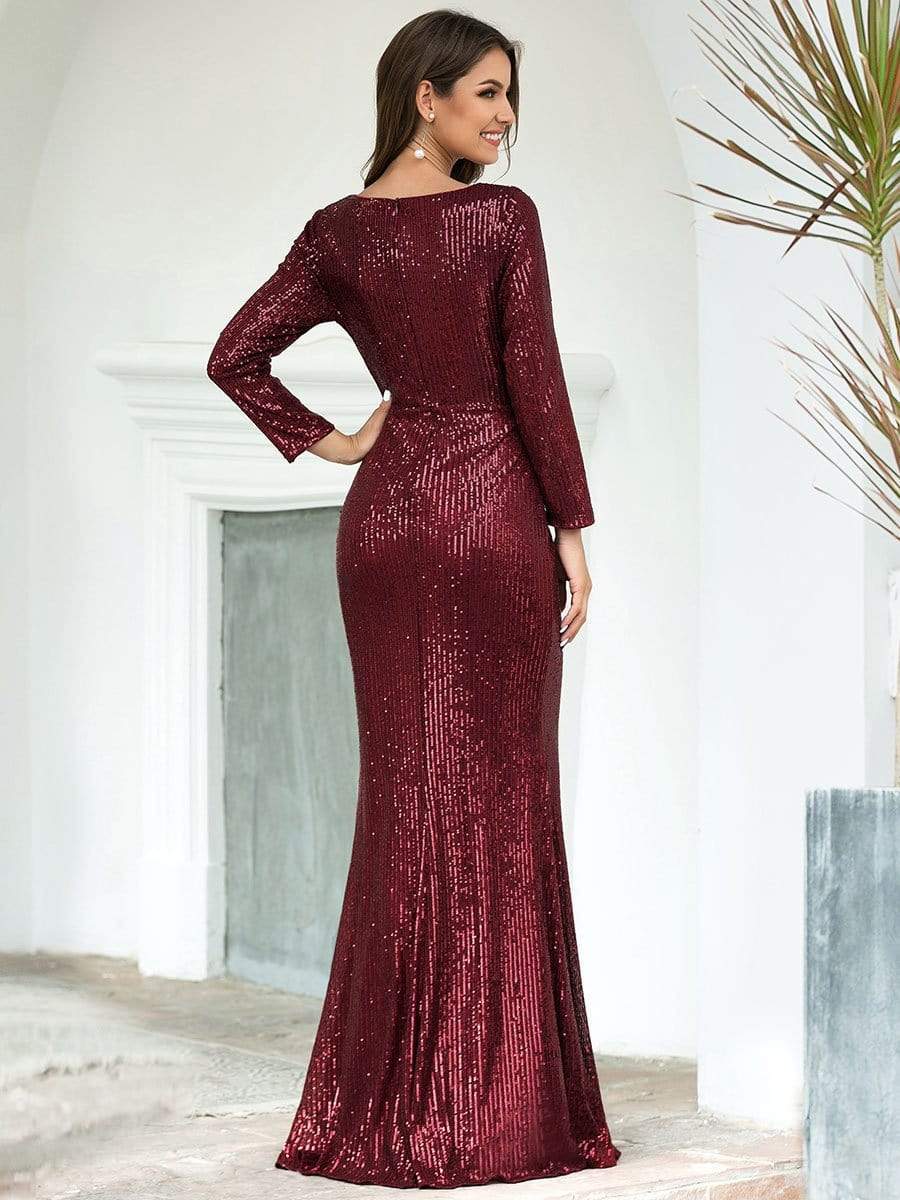 Shiny V Neck Sequin Long Sleeves Evening Dress