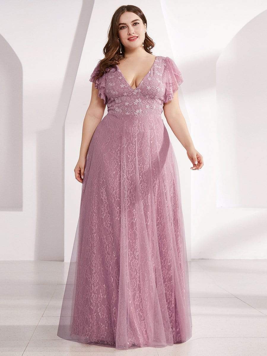 Plus Size Cap Sleeve Floral Lace Long Formal Dresses