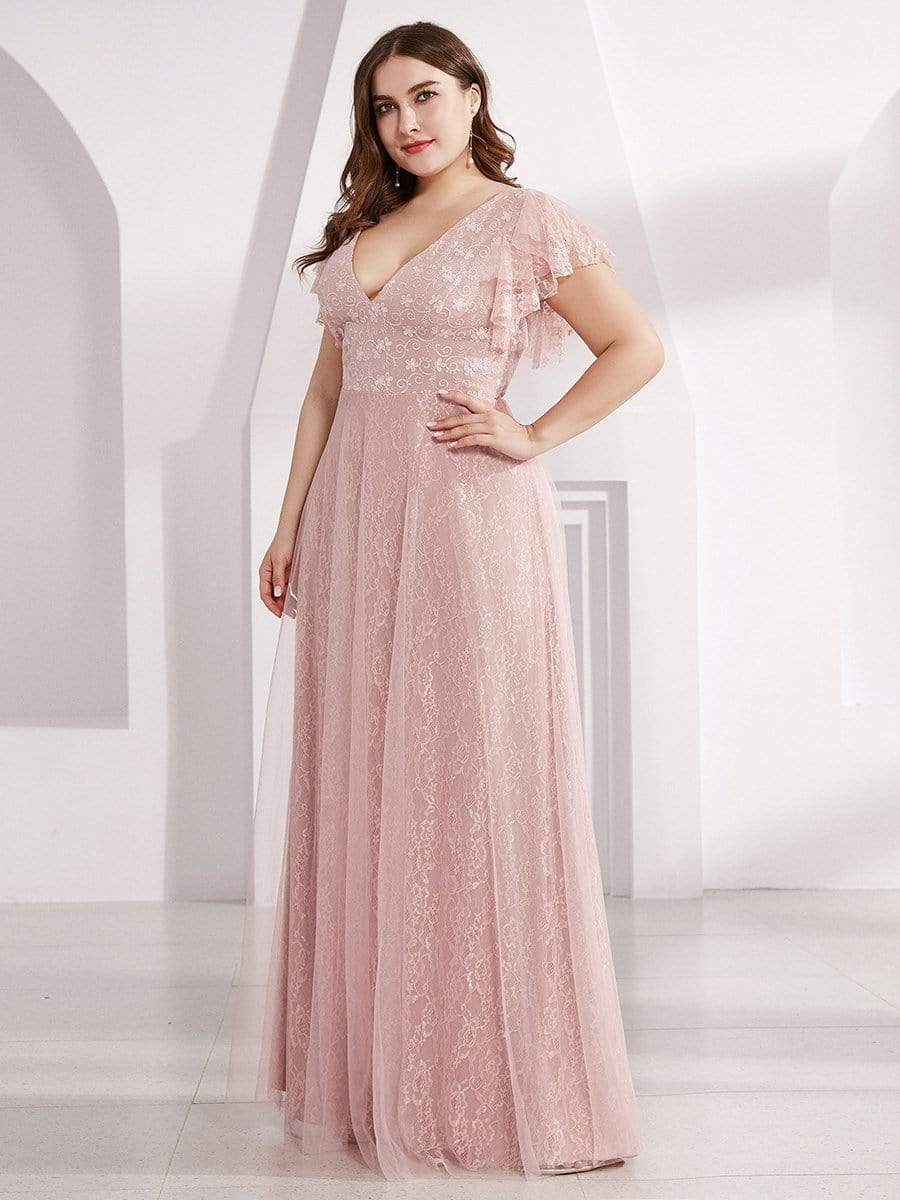 Plus Size Cap Sleeve Floral Lace Long Formal Dresses