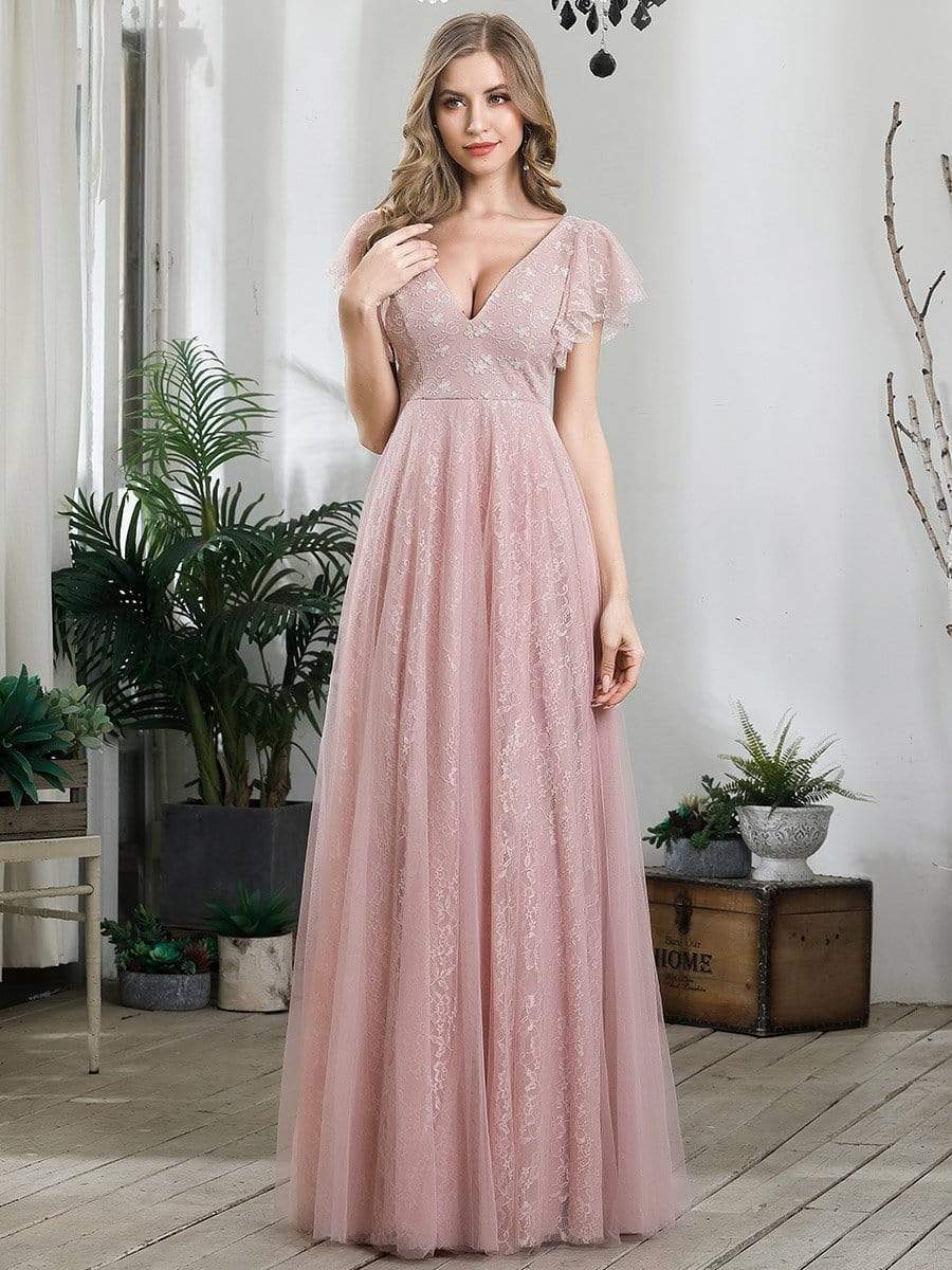 Double V Neck Long Lace Evening Dress with Ruffle Sleeves