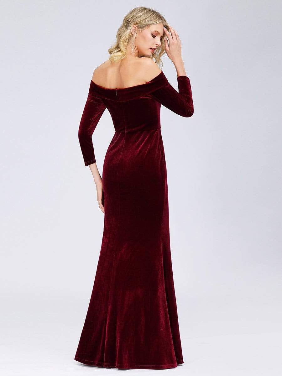 burgundy velvet off the shoulder dress