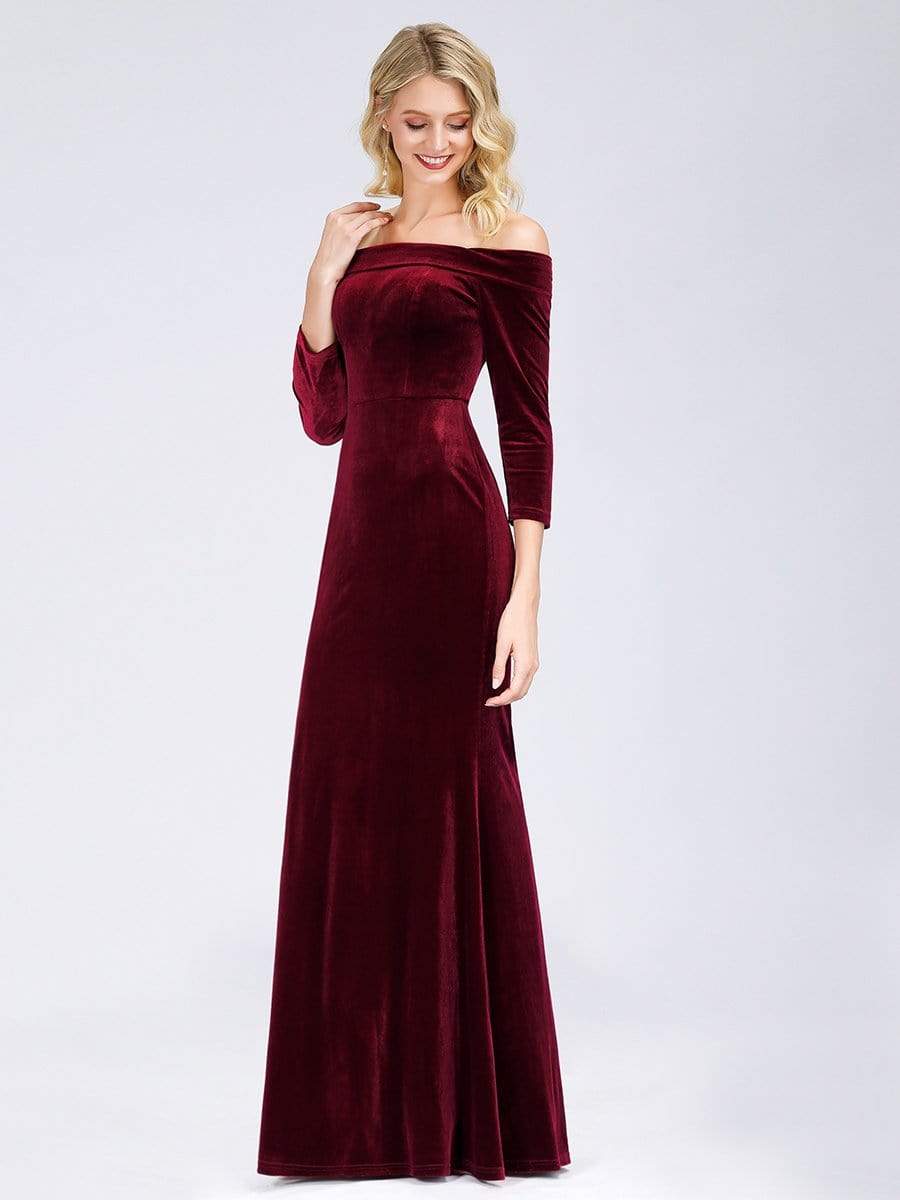 off the shoulder long sleeve formal dress