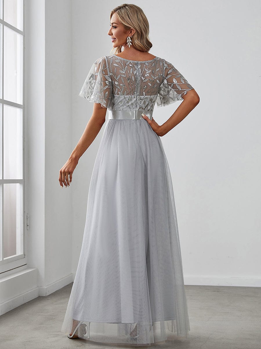 Women's A-Line Short Sleeve Embroidery Floor Length Evening Dresses